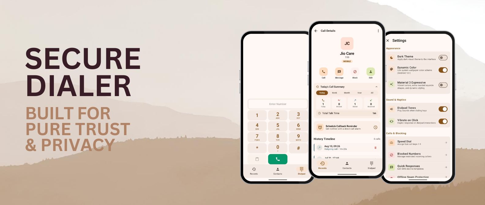 Secure Dialer Application Interface - Branded application hero banner with dynamic Material 3 custom interface